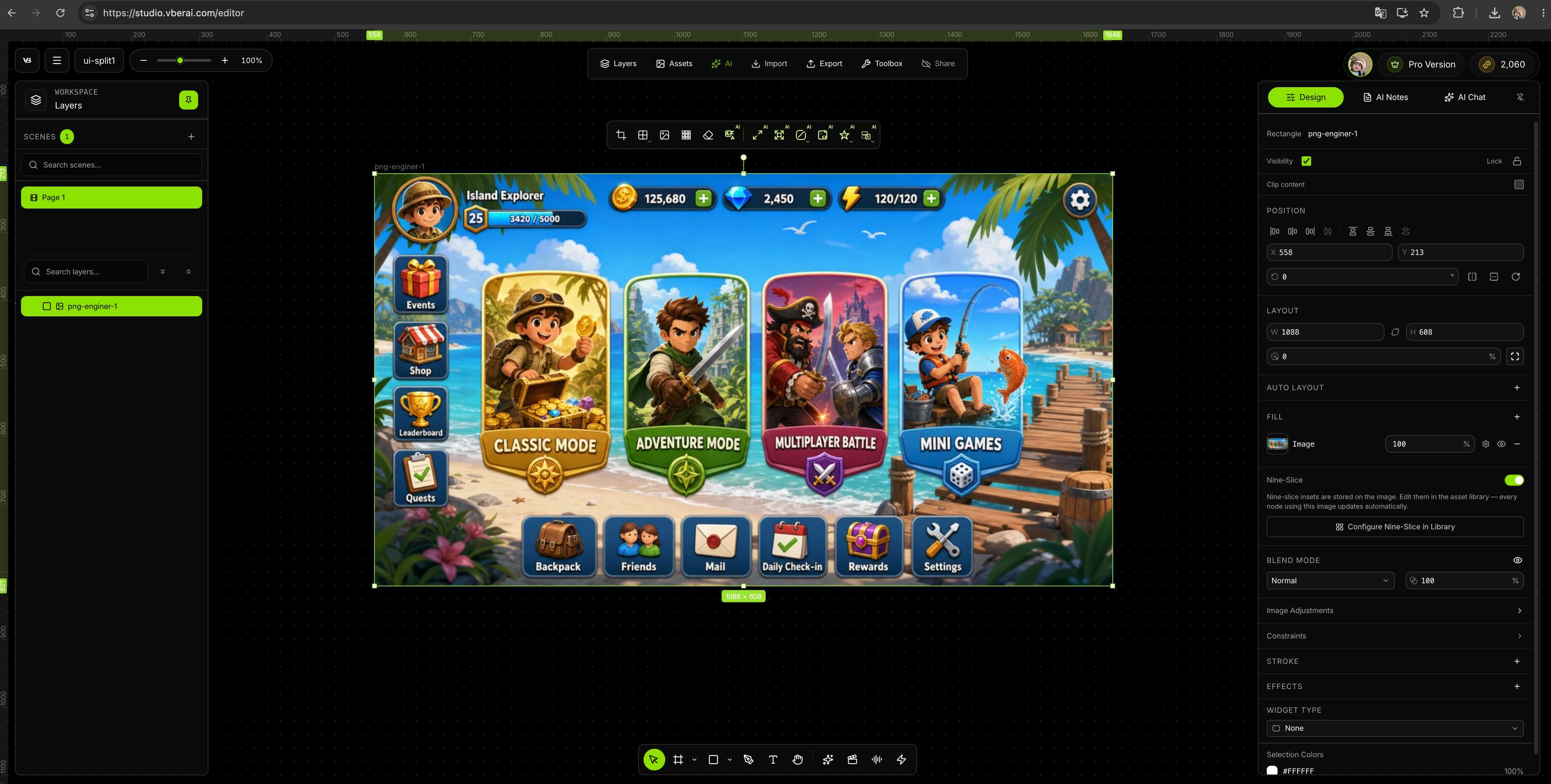 Step 2: canvas preview of full-screen UI