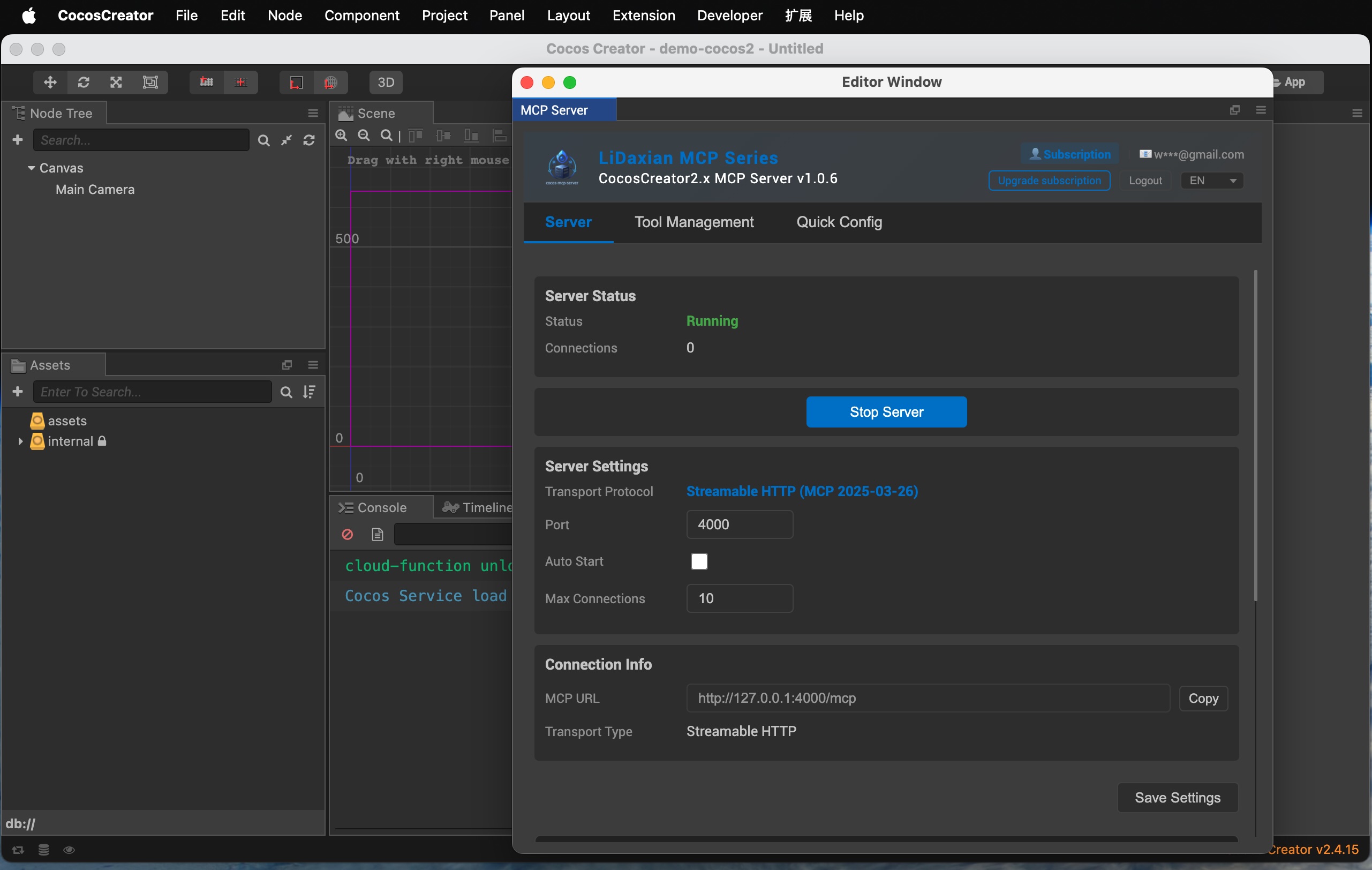 Configure the port in MCP Server settings and start until Running is shown