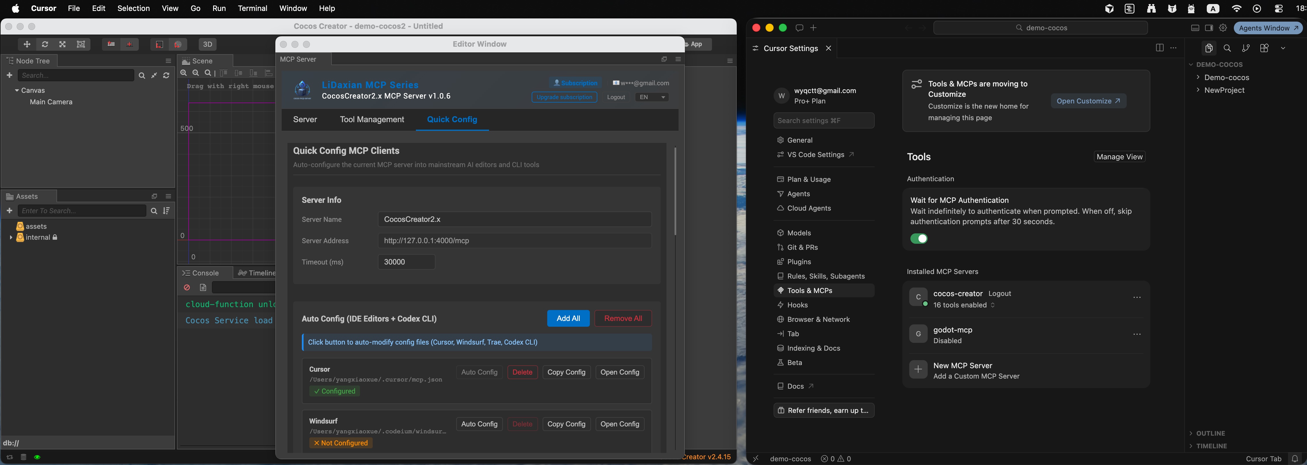Tool manager and quick configure for Cursor; confirm cocos-creator is connected