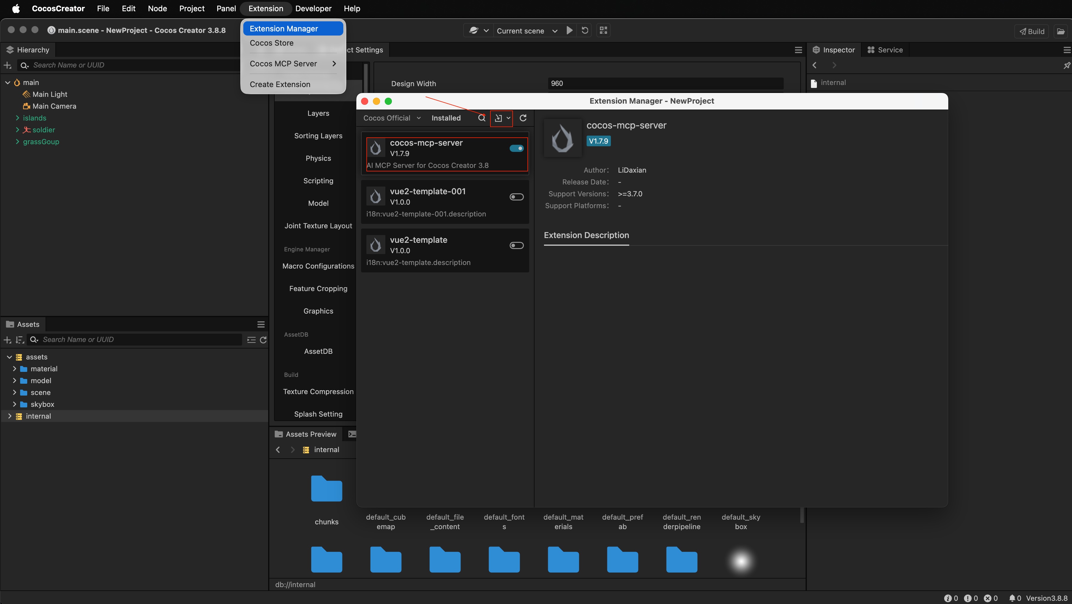 Import the MCP archive in Extension Manager; cocos-mcp-server shows as enabled