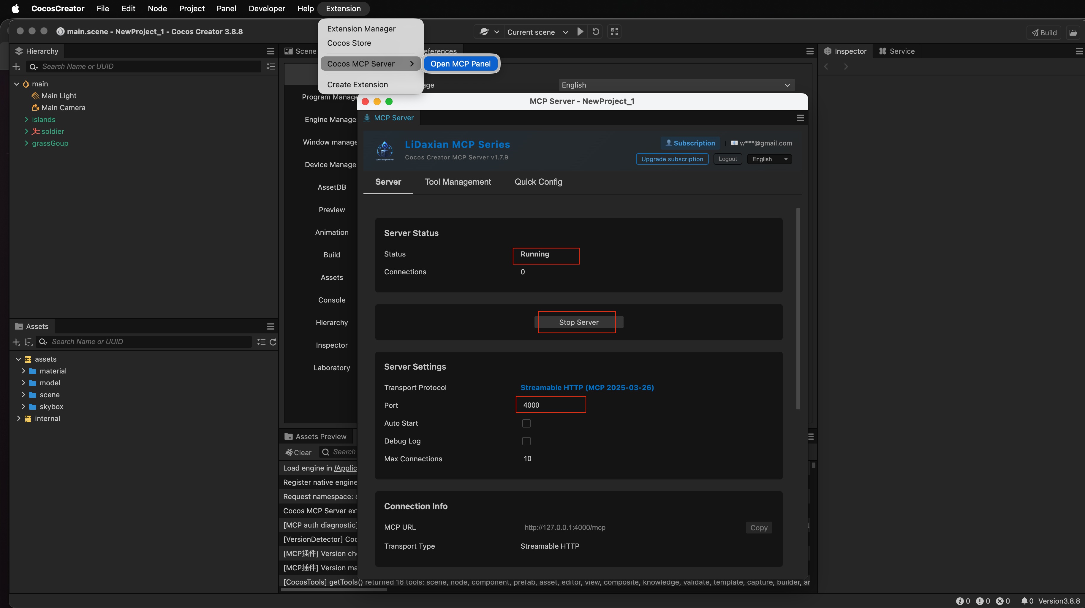Configure the port in MCP Server settings and start until Running is shown