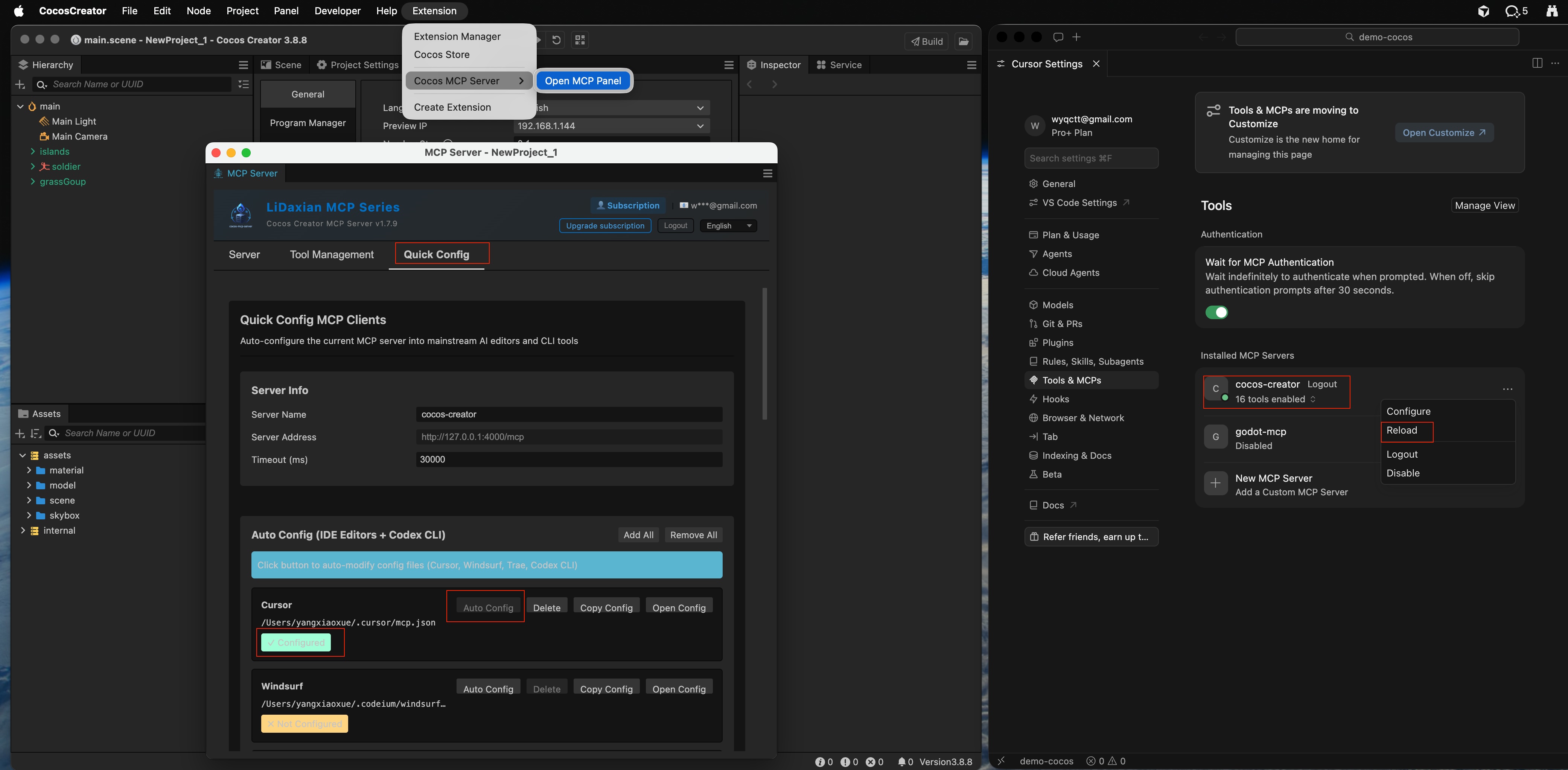Tool manager and quick configure for Cursor; confirm cocos-creator is connected