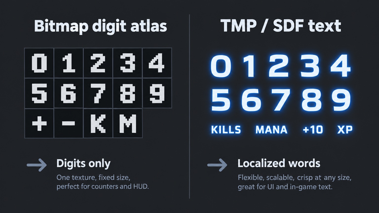 Bitmap digit atlas vs TMP/SDF text