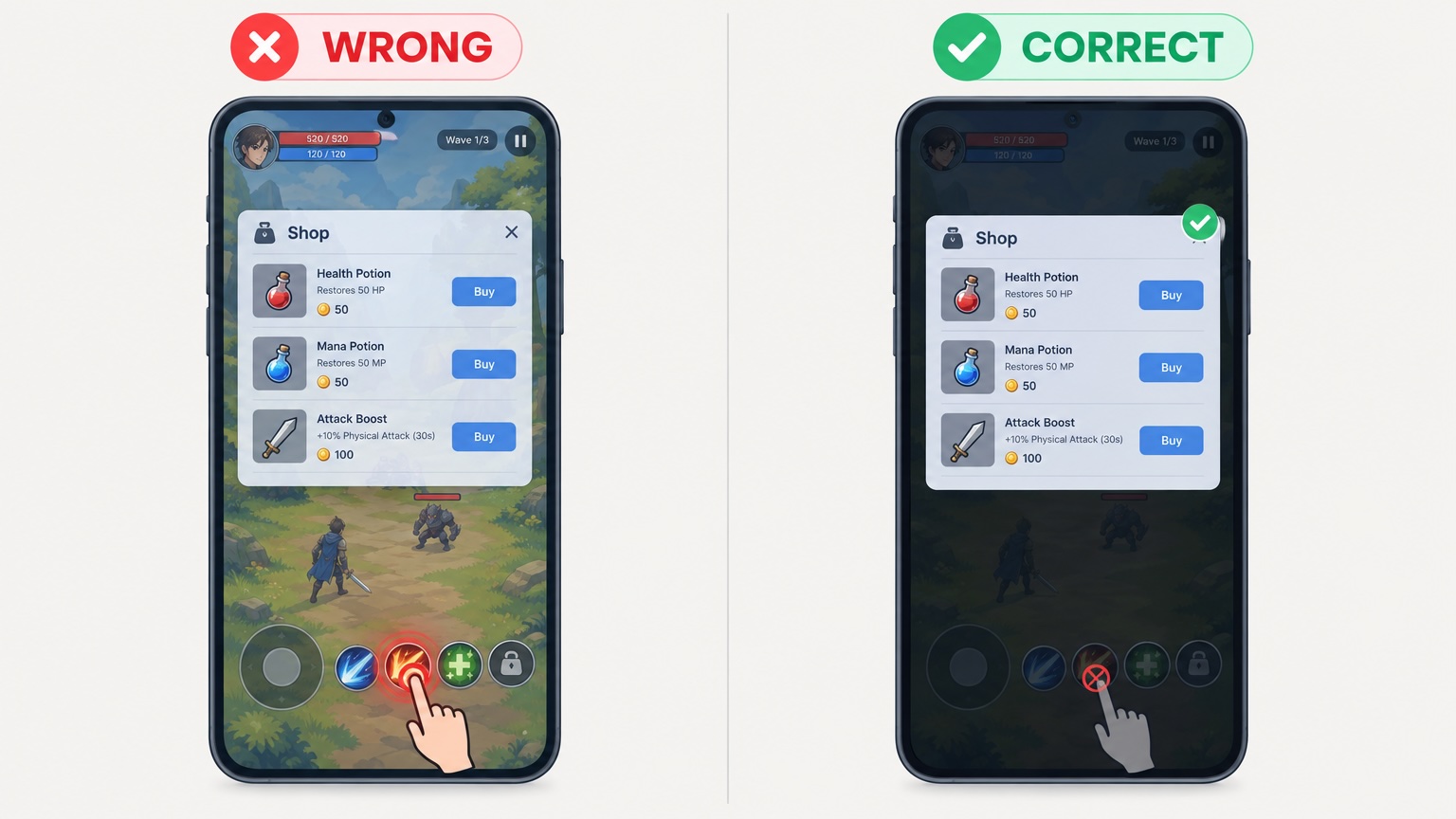 Modale ouverte : incorrect (tap à travers le bouton de combat) vs correct (sous-jacent bloqué)