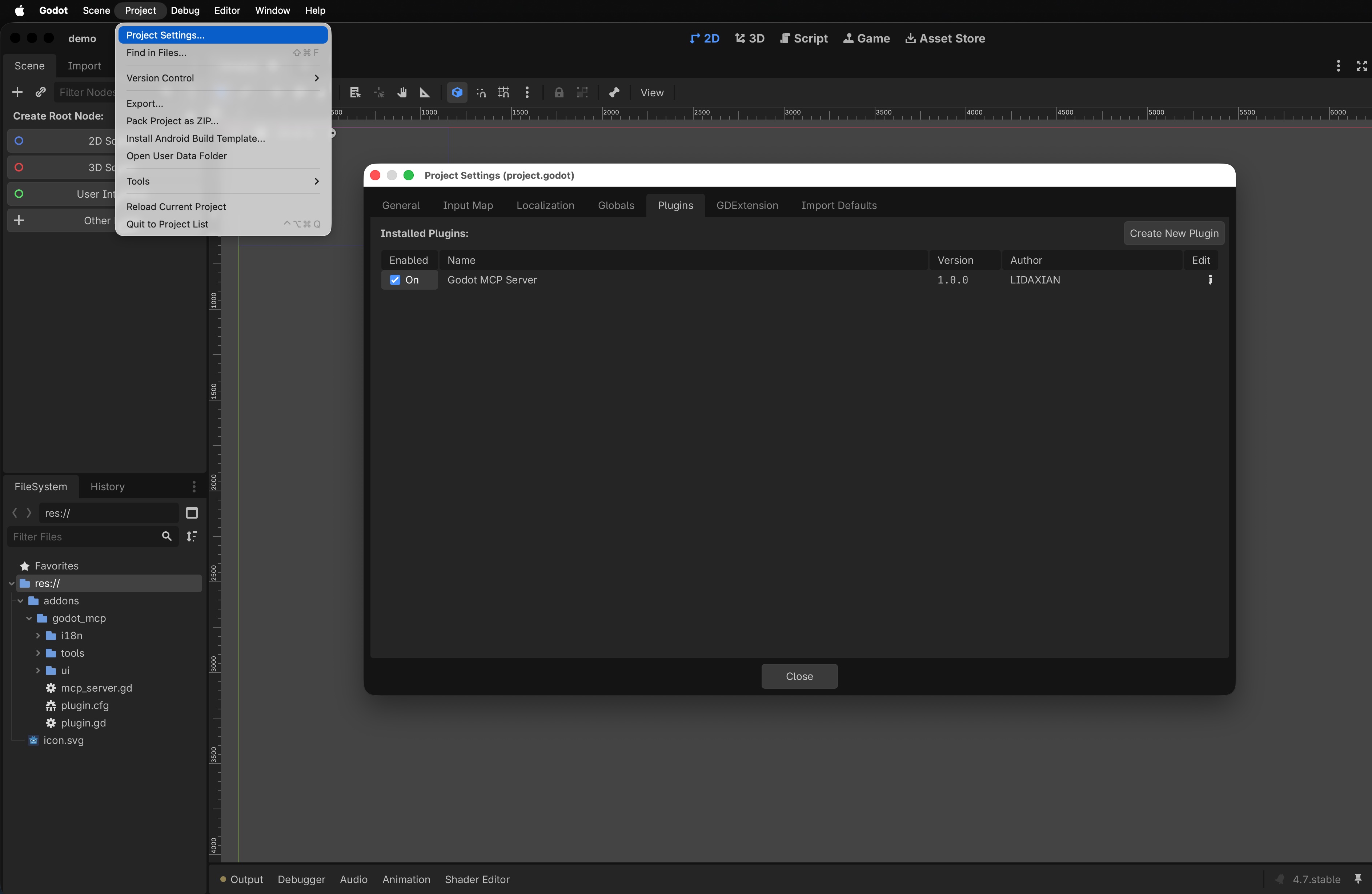 Enable Godot MCP Server in Project Settings → Plugins
