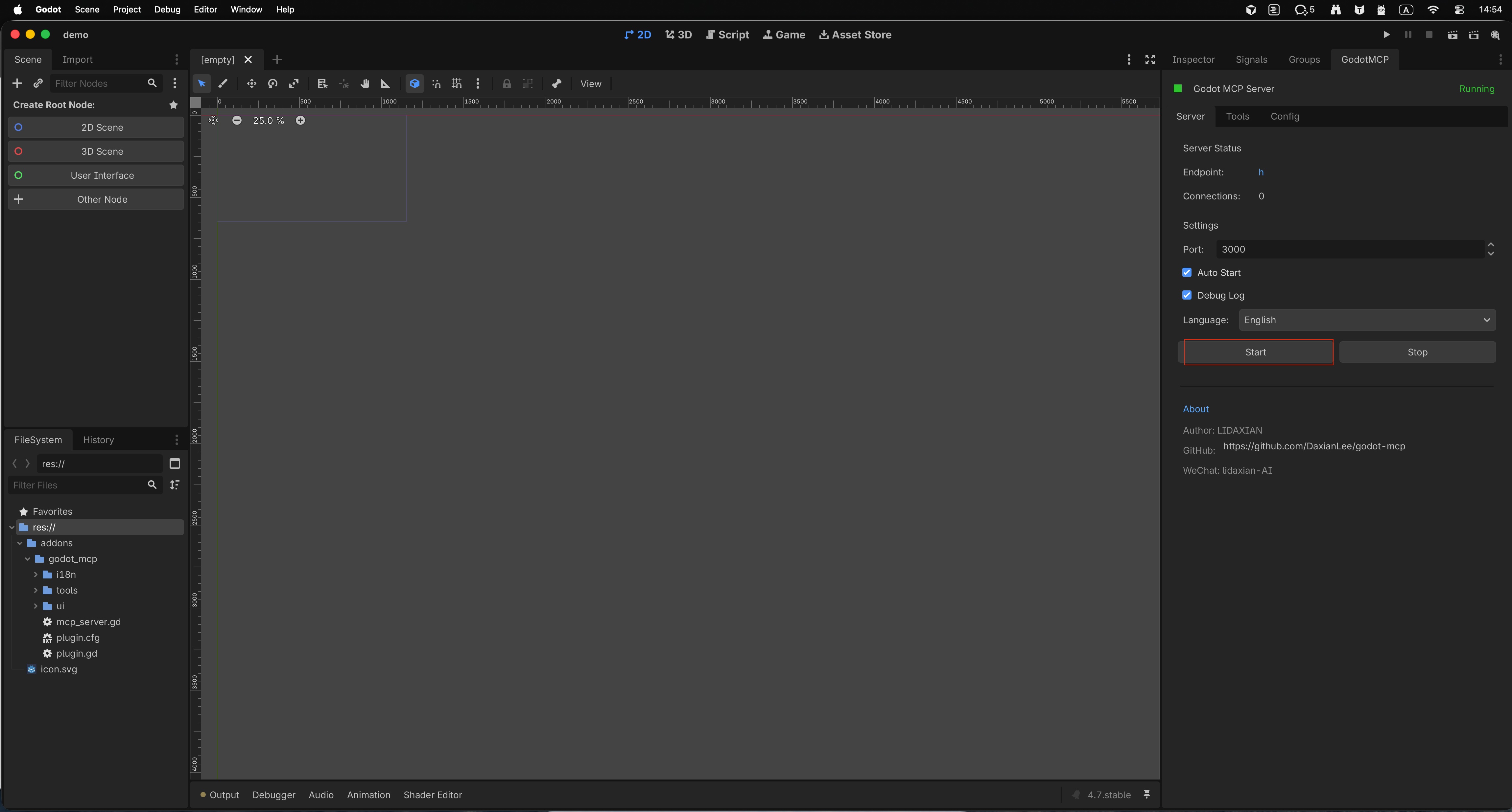 Configure the port in the GodotMCP panel and start until Running is shown
