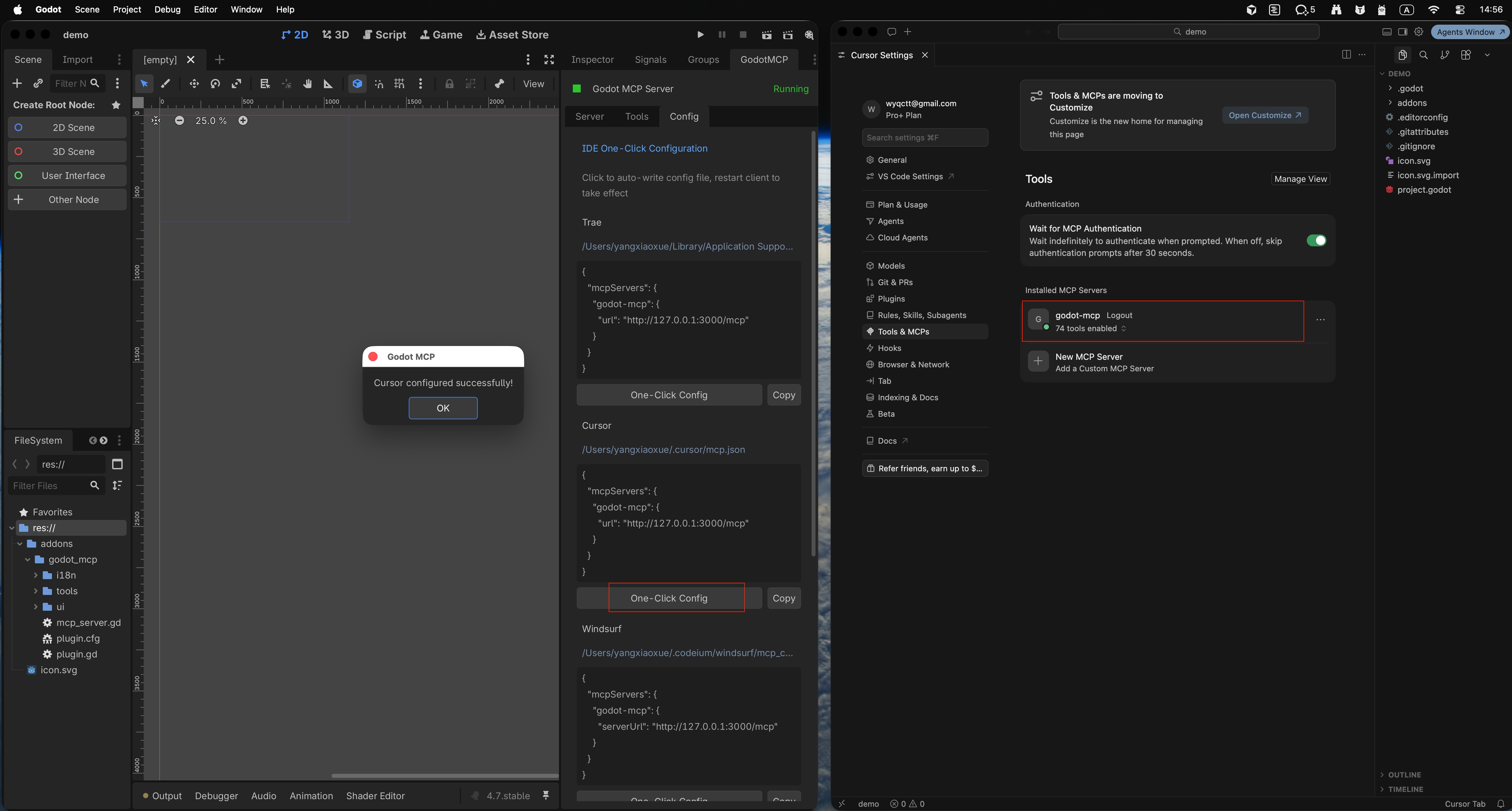 One-click configure Cursor from GodotMCP and confirm godot-mcp is connected