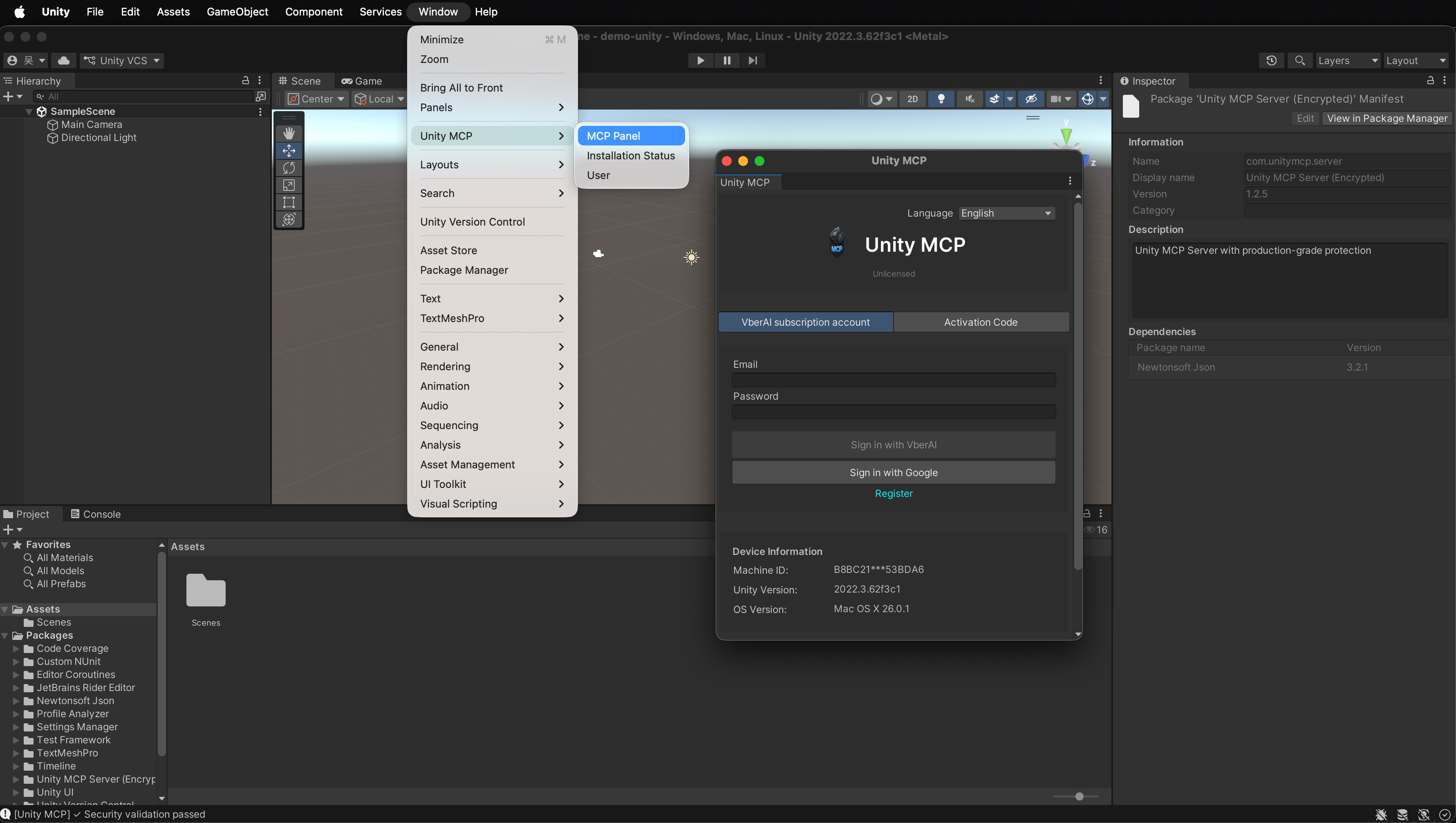 Activate in Unity MCP Panel with account/password or email + activation code
