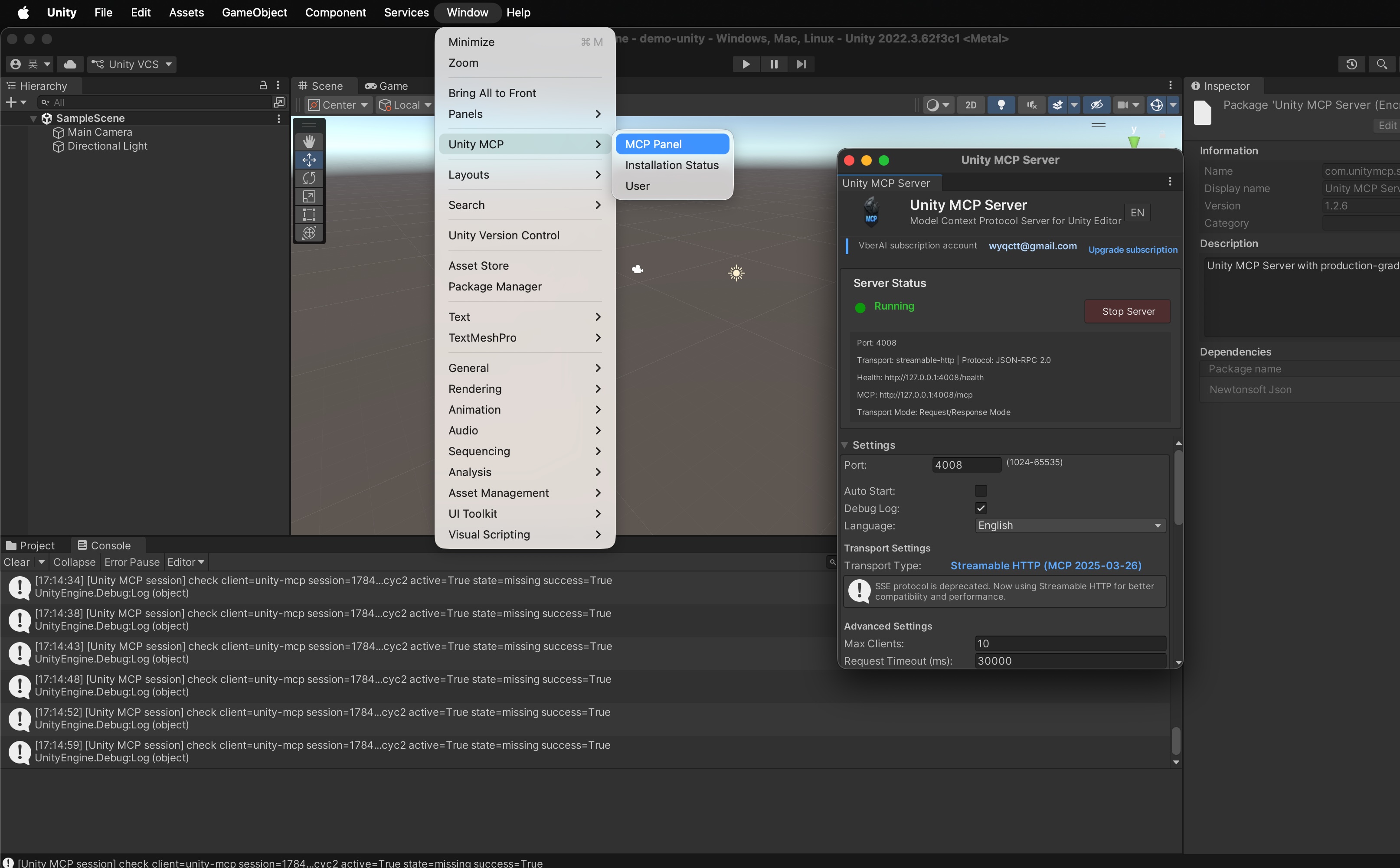 Configure the port on the Unity MCP Server settings page and start until Running