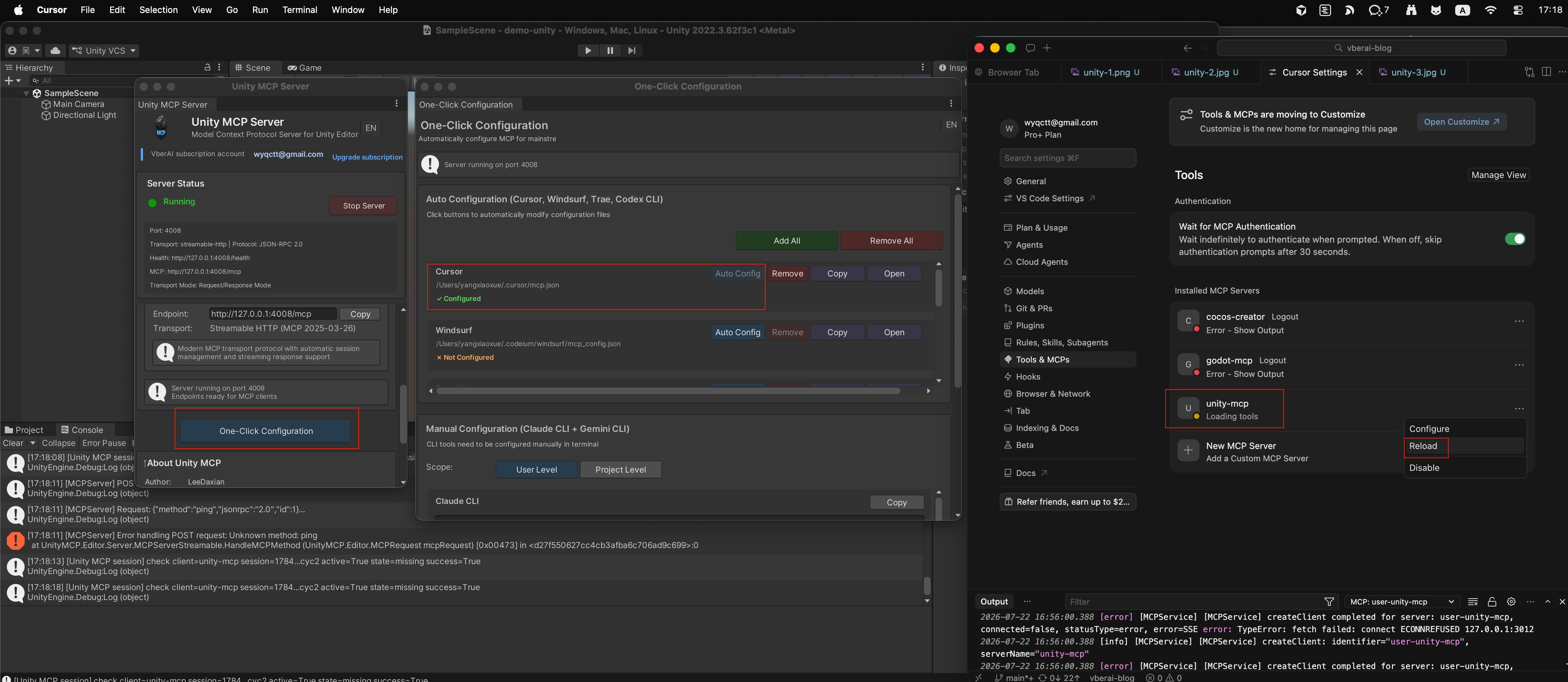 Tool management and Cursor quick setup confirming unity-mcp is connected