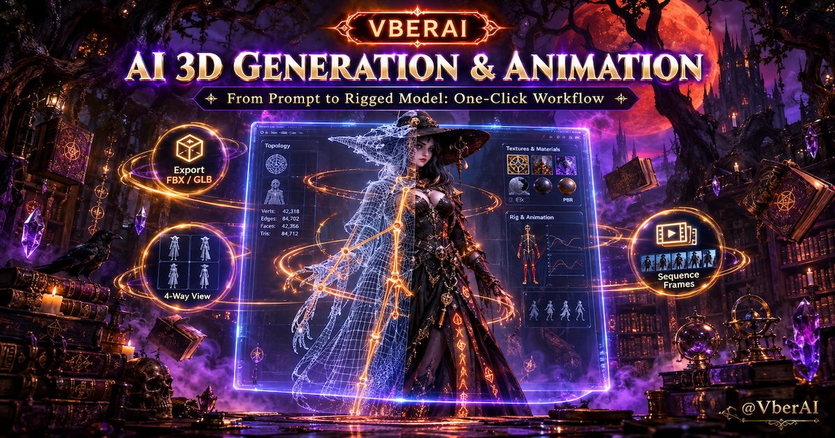 Model 3D AI di VberAI Studio: Text-to-3D & Image-to-3D (Meshy, Tripo, Hunyuan3D) — Edit, Render, Ekspor ke Engine