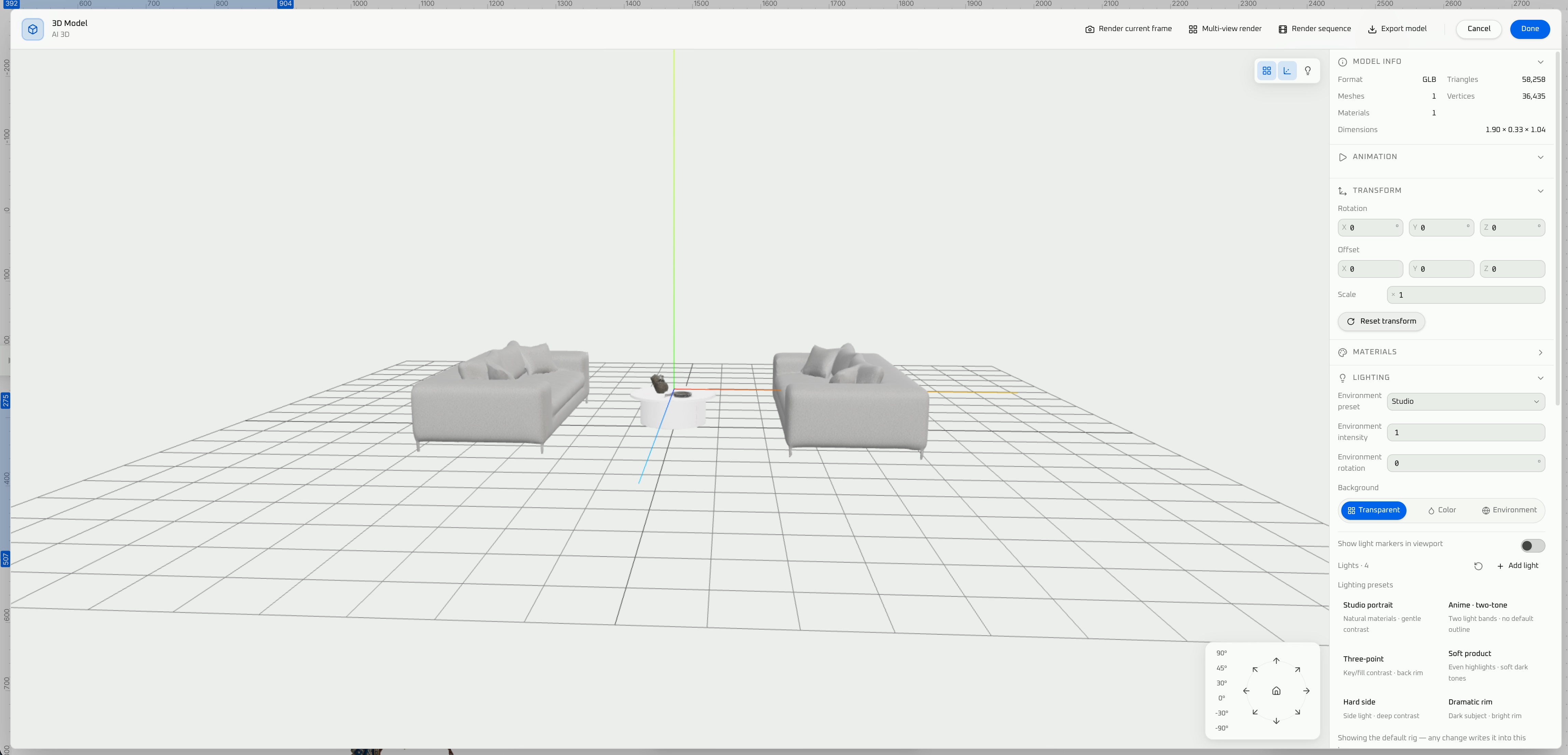 Text-to-3D: ruang tamu smart-home minimalis dalam pratinjau 3D workbench